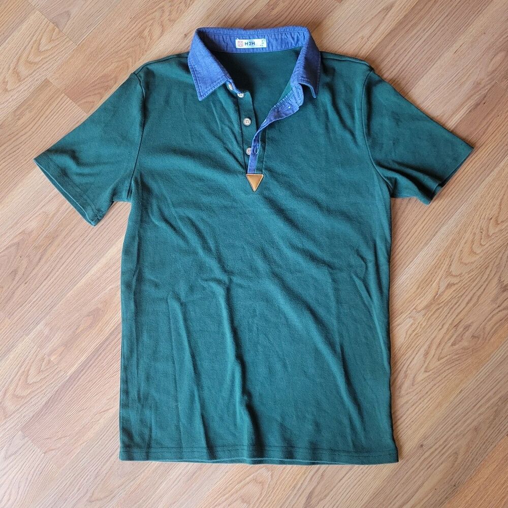 H2H Green Contrast Collar Slim Fit Polo Shirt Size M